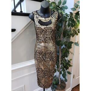 K Too Long Maxi Dress Womens Large Black Gold Sequin Sleeveless Round Neck